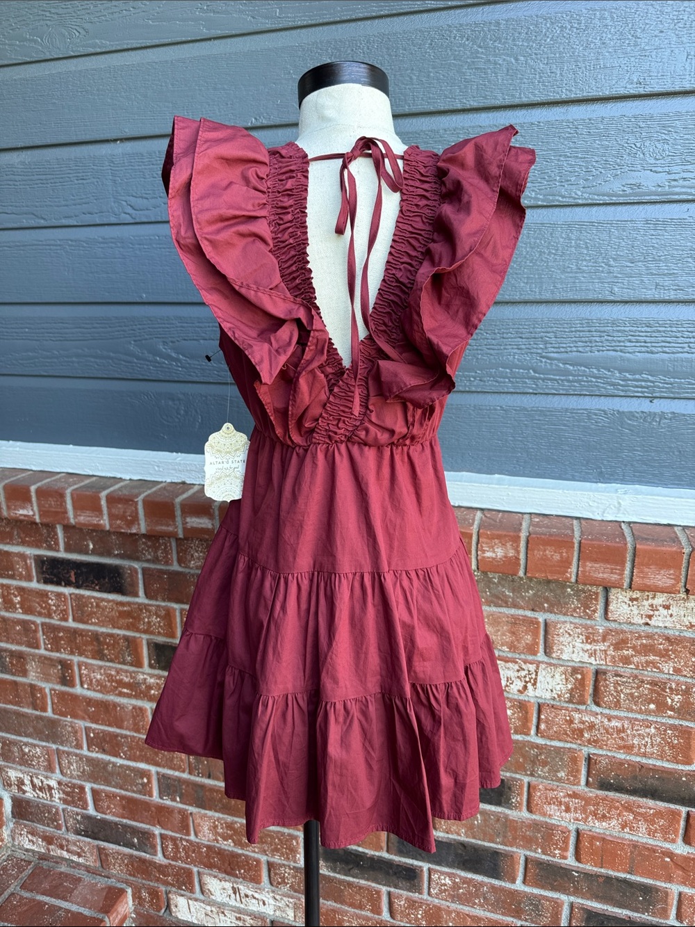 Altar'd State Leou Burgundy Ruffle Plunge Mini Dress Open Tie Back Women's S - Picture 5 of 7